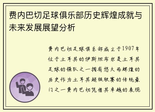 费内巴切足球俱乐部历史辉煌成就与未来发展展望分析 费内巴切足球俱乐部历史辉煌成就与未来发展展望分析